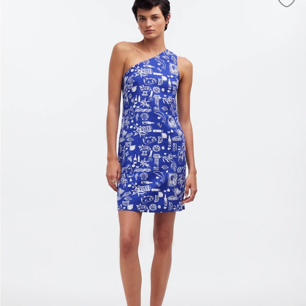 NWT Madewell x Lisa Says Gah! one Shoulder Dress, Grecian Blue and White